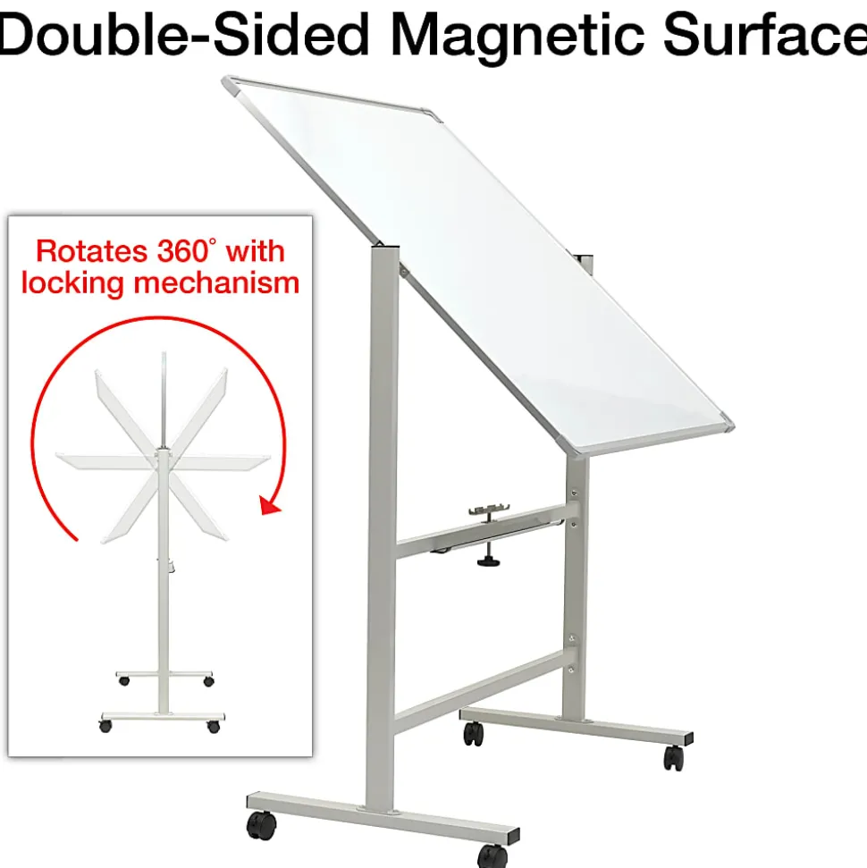 Excello Double-Sided Mobile Magnetic Dry-Erase Whiteboard On Wheels, Steel, 36"x 42", White, Aluminum Frame