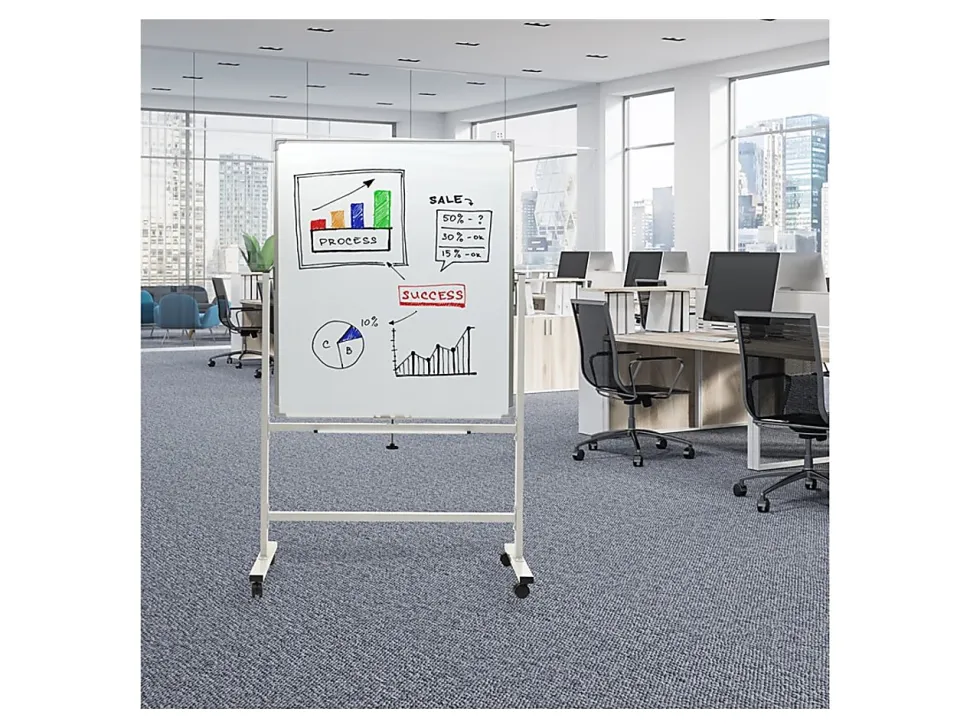 Excello Double-Sided Mobile Magnetic Dry-Erase Whiteboard On Wheels, Steel, 36"x 42", White, Aluminum Frame