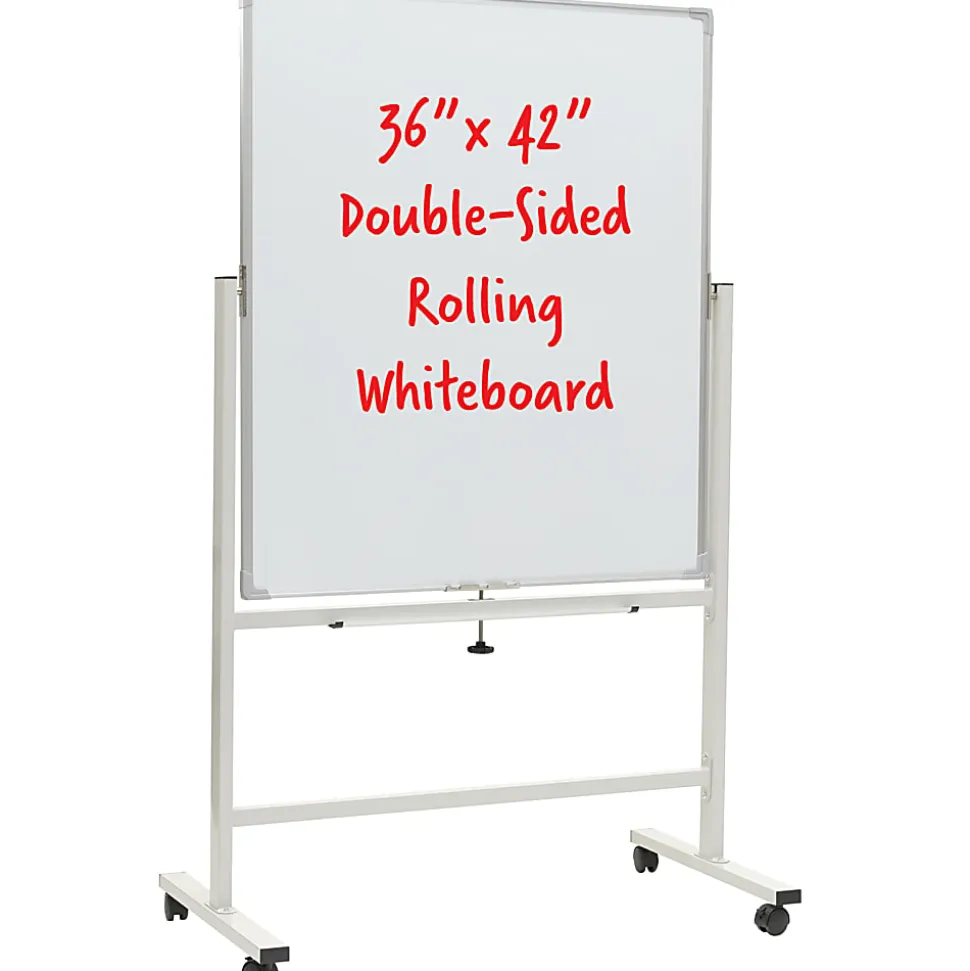 Excello Double-Sided Mobile Magnetic Dry-Erase Whiteboard On Wheels, Steel, 36"x 42", White, Aluminum Frame
