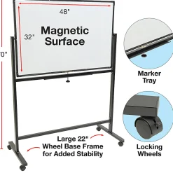 Excello Double-Sided Mobile Magnetic Dry-Erase Whiteboard On Wheels, Steel, 48” x 32”, White, Black Aluminum Frame