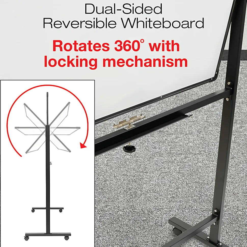 Excello Double-Sided Mobile Magnetic Dry-Erase Whiteboard On Wheels, Steel, 48” x 32”, White, Black Aluminum Frame
