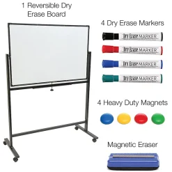 Excello Double-Sided Mobile Magnetic Dry-Erase Whiteboard On Wheels, Steel, 48” x 32”, White, Black Aluminum Frame