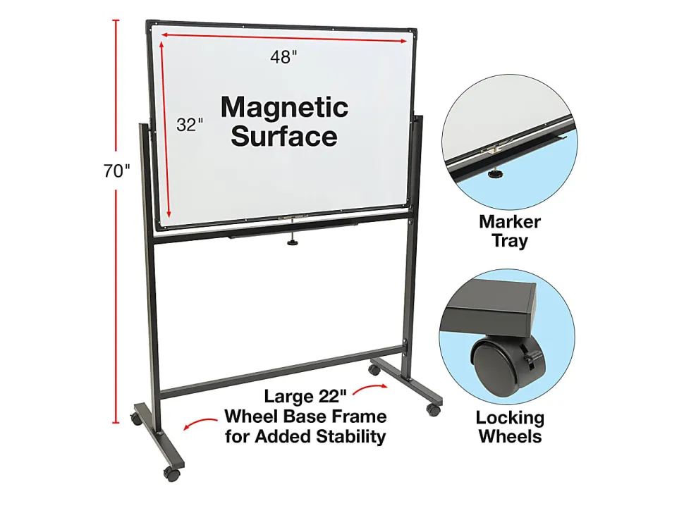 Excello Double-Sided Mobile Magnetic Dry-Erase Whiteboard On Wheels, Steel, 48” x 32”, White, Black Aluminum Frame