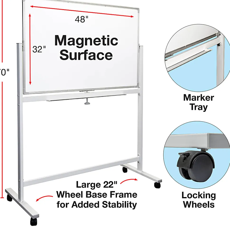 Excello Global Products Double-Sided Magnetic Dry-Erase Mobile Whiteboard, 32" x 48", Silver Aluminum Frame