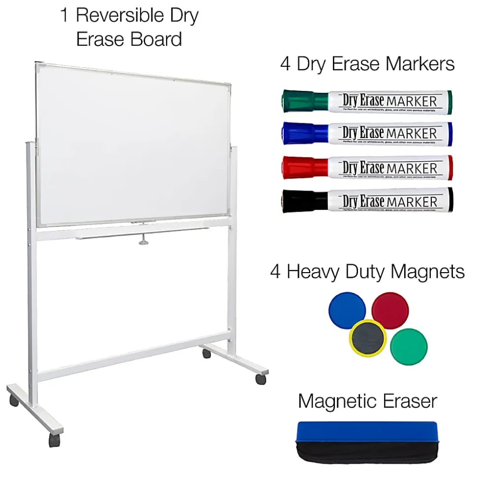 Excello Global Products Double-Sided Magnetic Dry-Erase Mobile Whiteboard, 32" x 48", Silver Aluminum Frame