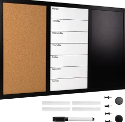 Excello Global Products Magnetic Dry-Erase Whiteboard/Chalk/Cork Combo Board, Aluminum, 15-1/2" x 23-1/2", Black Wood Frame