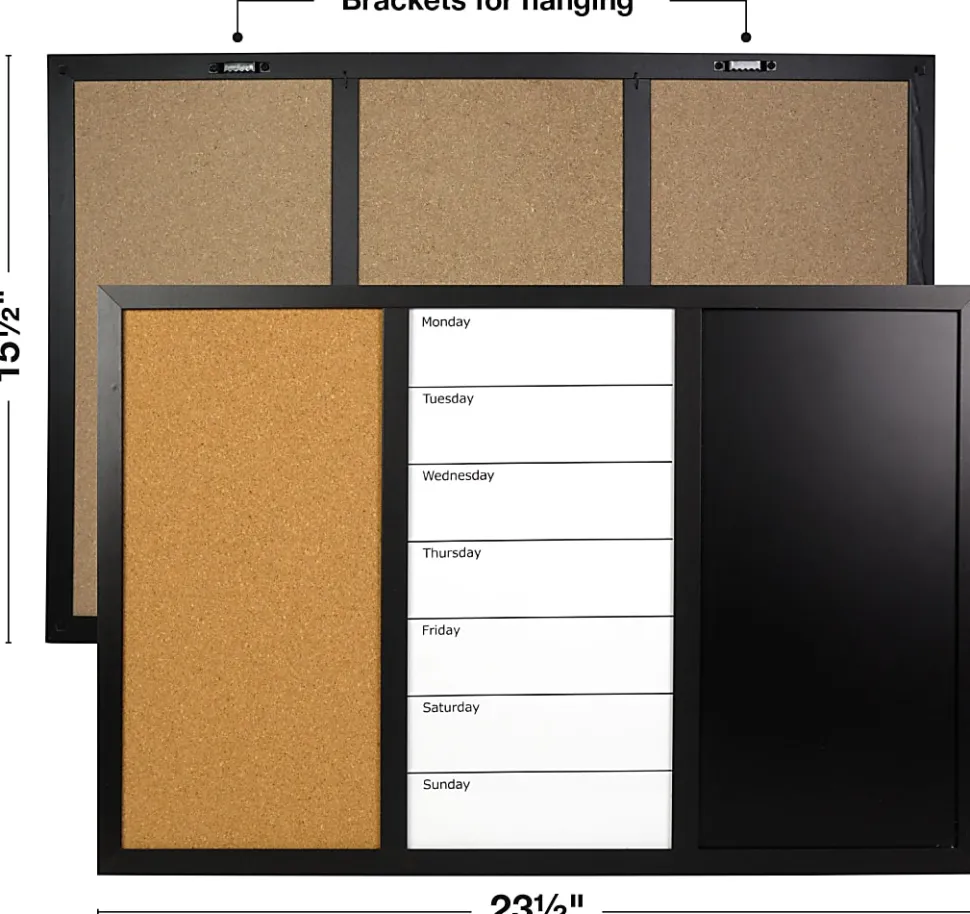 Excello Global Products Magnetic Dry-Erase Whiteboard/Chalk/Cork Combo Board, Aluminum, 15-1/2" x 23-1/2", Black Wood Frame