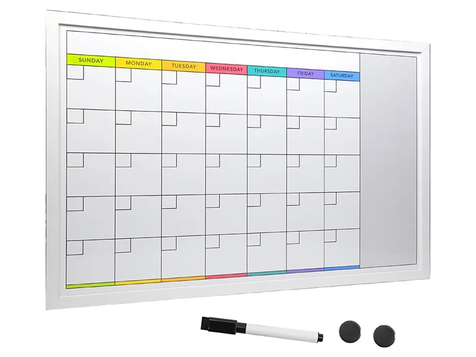 Excello Global Products Magnetic Dry-Erase Monthly Calendar Whiteboard, Porcelain, 20" x 30", White Wood Frame