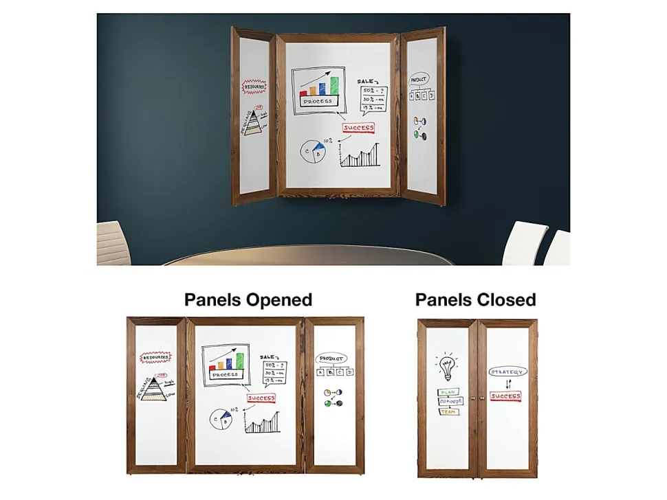 Excello Wall-Mounted Double-Sided Folding Magnetic Dry-Erase Whiteboard, Steel, 40” x 60”, White, Brown Wood Frame