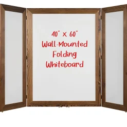 Excello Wall-Mounted Double-Sided Folding Magnetic Dry-Erase Whiteboard, Steel, 40” x 60”, White, Brown Wood Frame