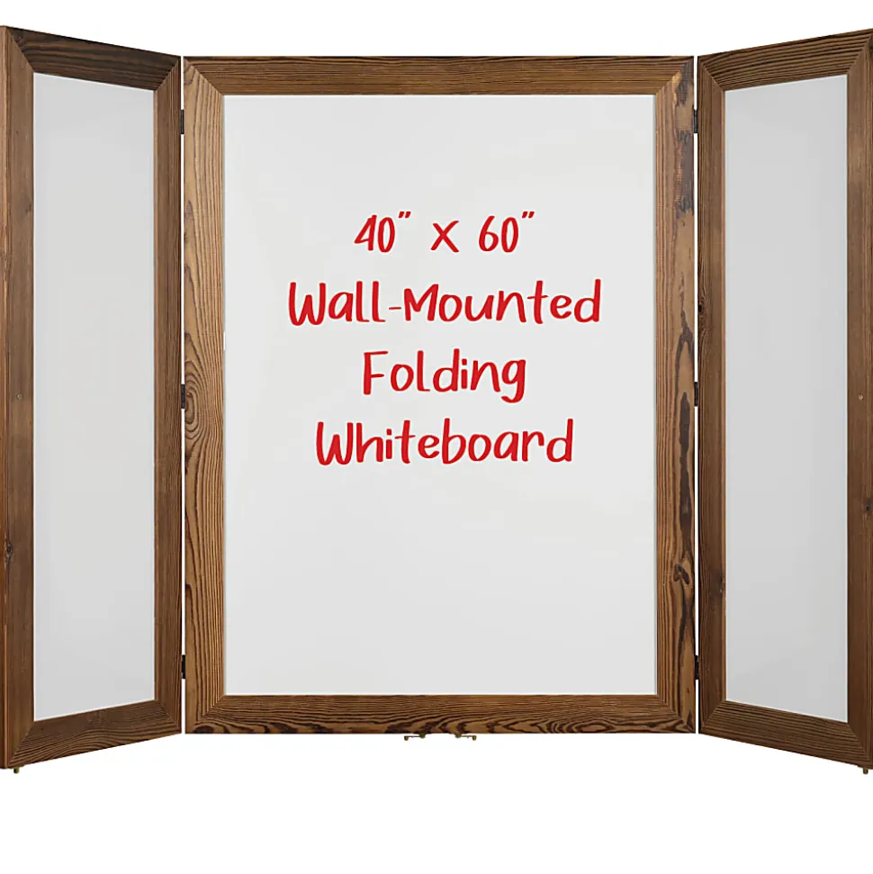Excello Wall-Mounted Double-Sided Folding Magnetic Dry-Erase Whiteboard, Steel, 40” x 60”, White, Brown Wood Frame