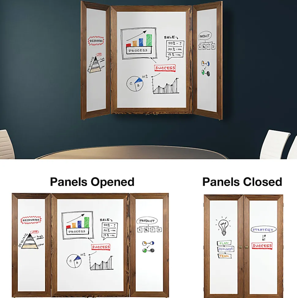 Excello Wall-Mounted Double-Sided Folding Magnetic Dry-Erase Whiteboard, Steel, 40” x 60”, White, Brown Wood Frame