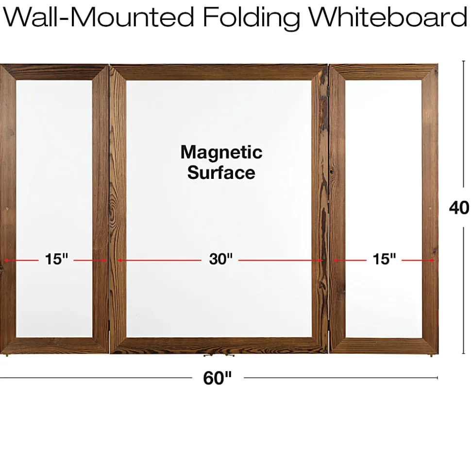 Excello Wall-Mounted Double-Sided Folding Magnetic Dry-Erase Whiteboard, Steel, 40” x 60”, White, Brown Wood Frame