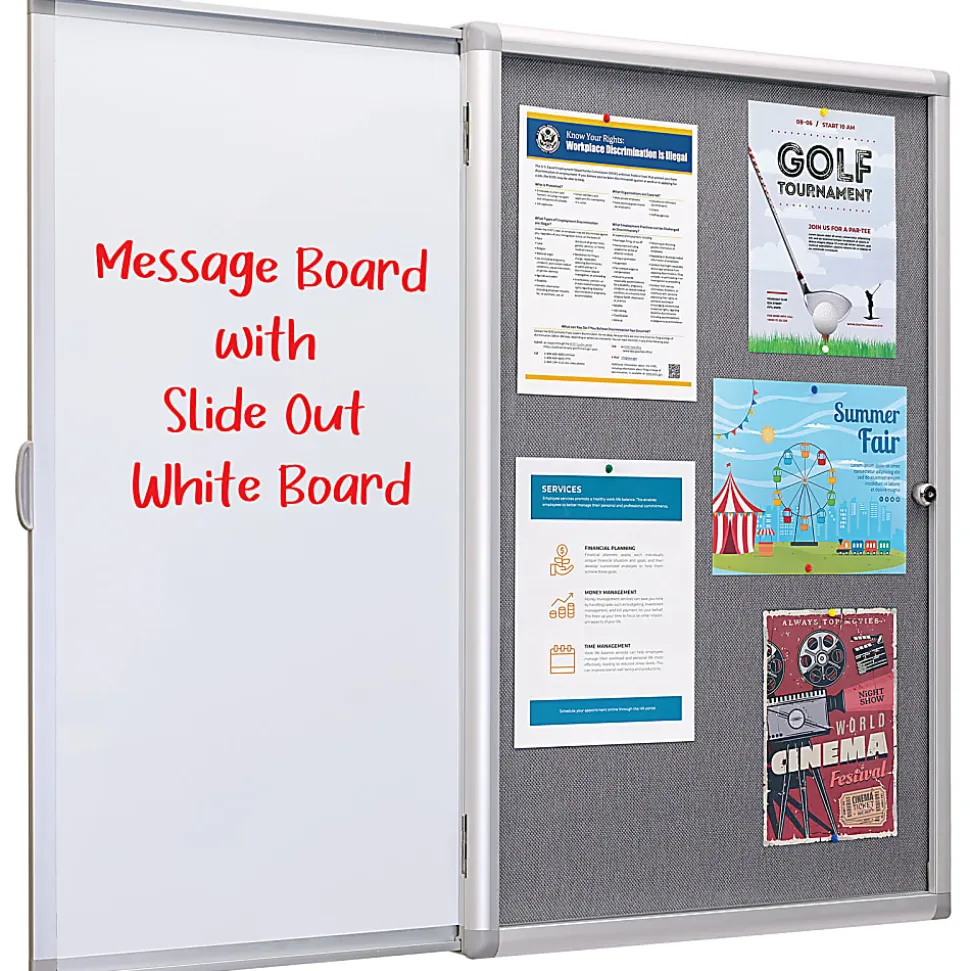 Excello Wall-Mounted Enclosed Sliding Magnetic Dry-Erase Cork Bulletin Combo Board, 36” x 24”, White/Gray, Silver Brushed Metal Frame