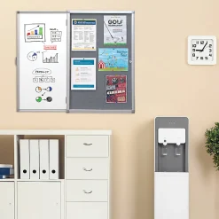 Excello Wall-Mounted Enclosed Sliding Magnetic Dry-Erase Cork Bulletin Combo Board, 36” x 24”, White/Gray, Silver Brushed Metal Frame