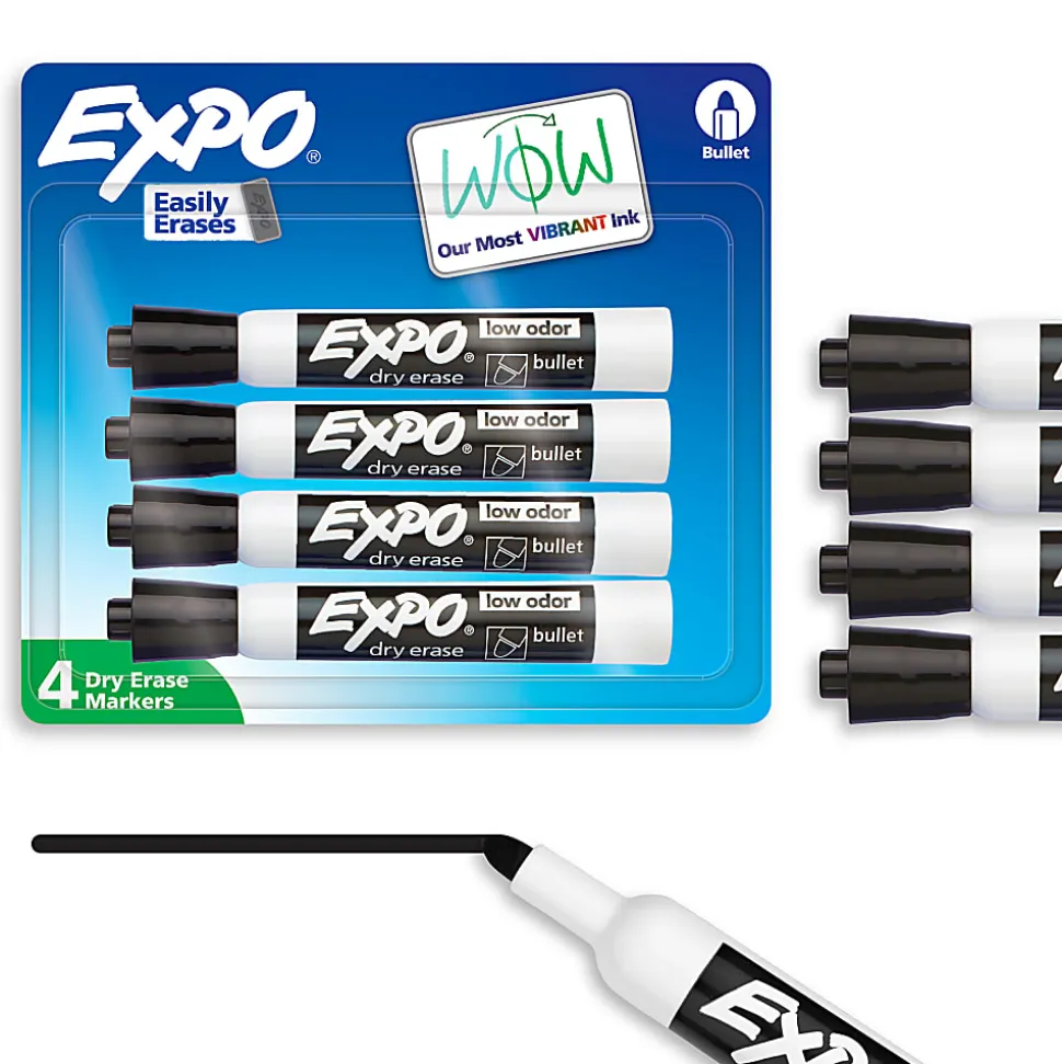 EXPO® Low-Odor Dry-Erase Markers, Bullet Tip, Black/White Barrel, Black Ink, Pack Of 4 Markers