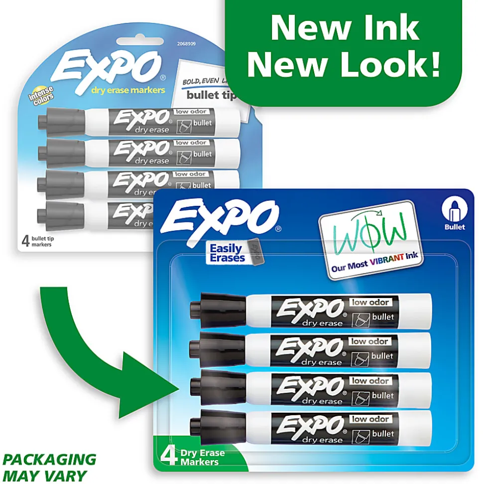 EXPO® Low-Odor Dry-Erase Markers, Bullet Tip, Black/White Barrel, Black Ink, Pack Of 4 Markers