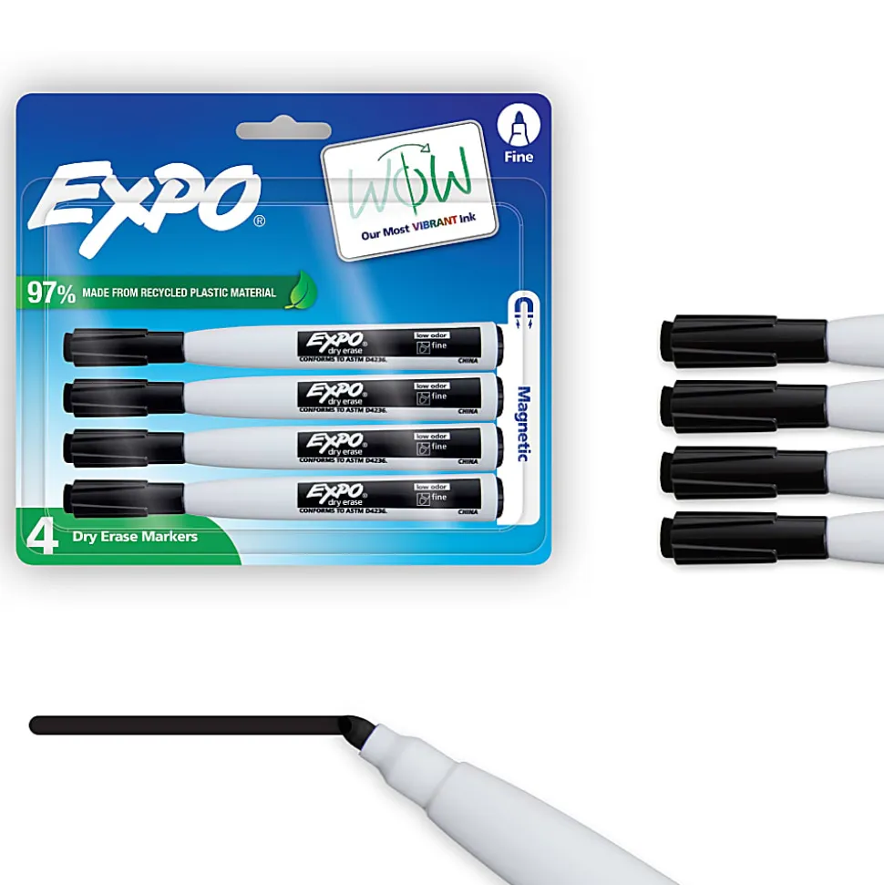EXPO® Magnetic Dry Erase Markers With Eraser, Fine Tip, Black Ink, Pack Of 4
