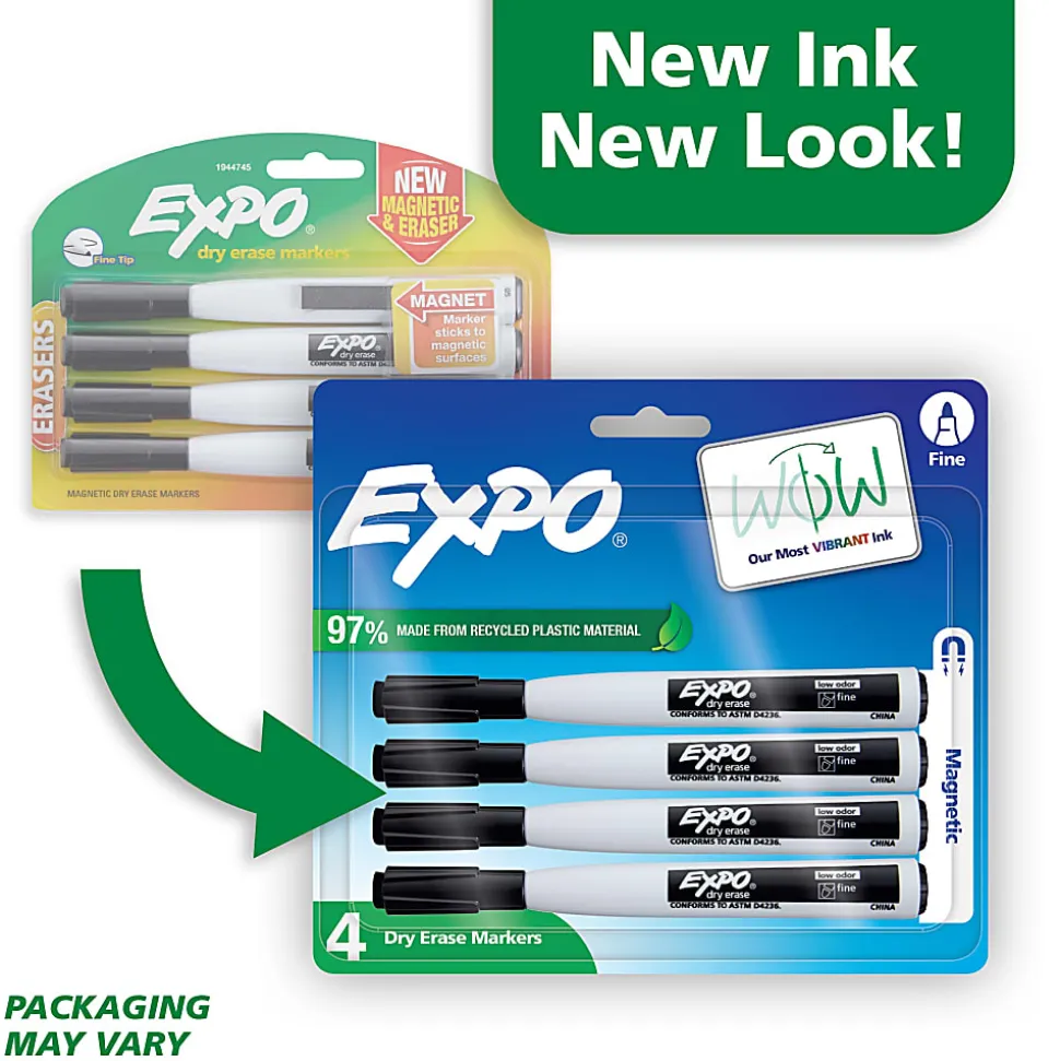 EXPO® Magnetic Dry Erase Markers With Eraser, Fine Tip, Black Ink, Pack Of 4