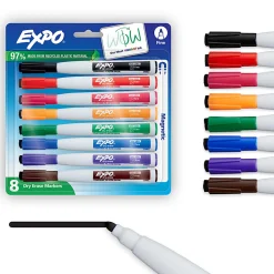 EXPO® Magnetic Dry Erase Markers With Eraser, Fine Tip, Assorted Ink Colors, Pack Of 8
