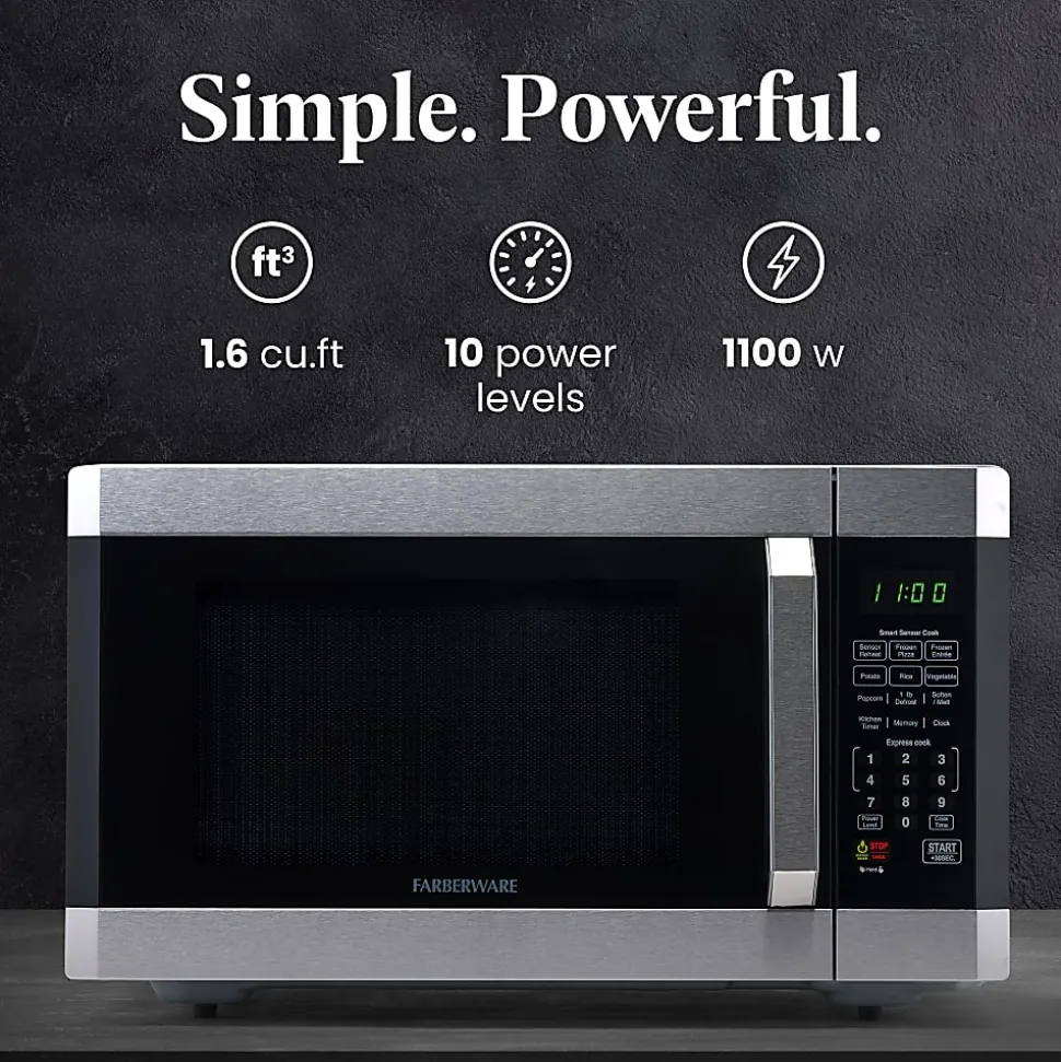 Farberware Professional 1.6 Cu Ft 1,100-Watt Microwave With Smart Sensor, Stainless Steel/Platinum