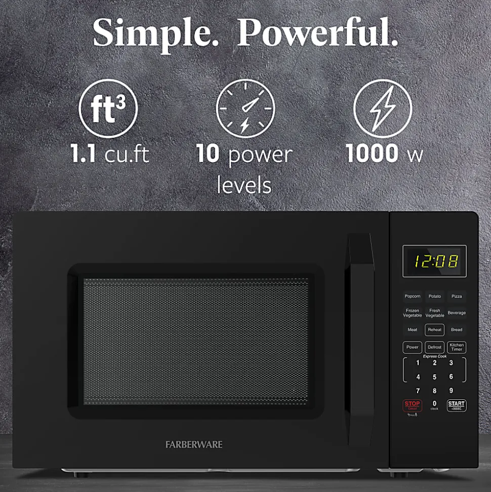 Farberware 1000W Compact Countertop Microwave Oven, 1.1 Cu. Ft., Black, Total Qty 1