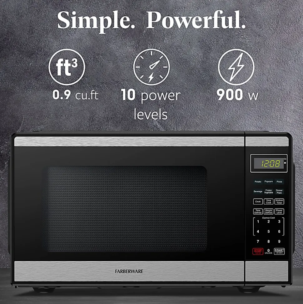 Farberware 900W Countertop Microwave Oven, 0.9 Cu. Ft., Black/Silver, Total Qty 1