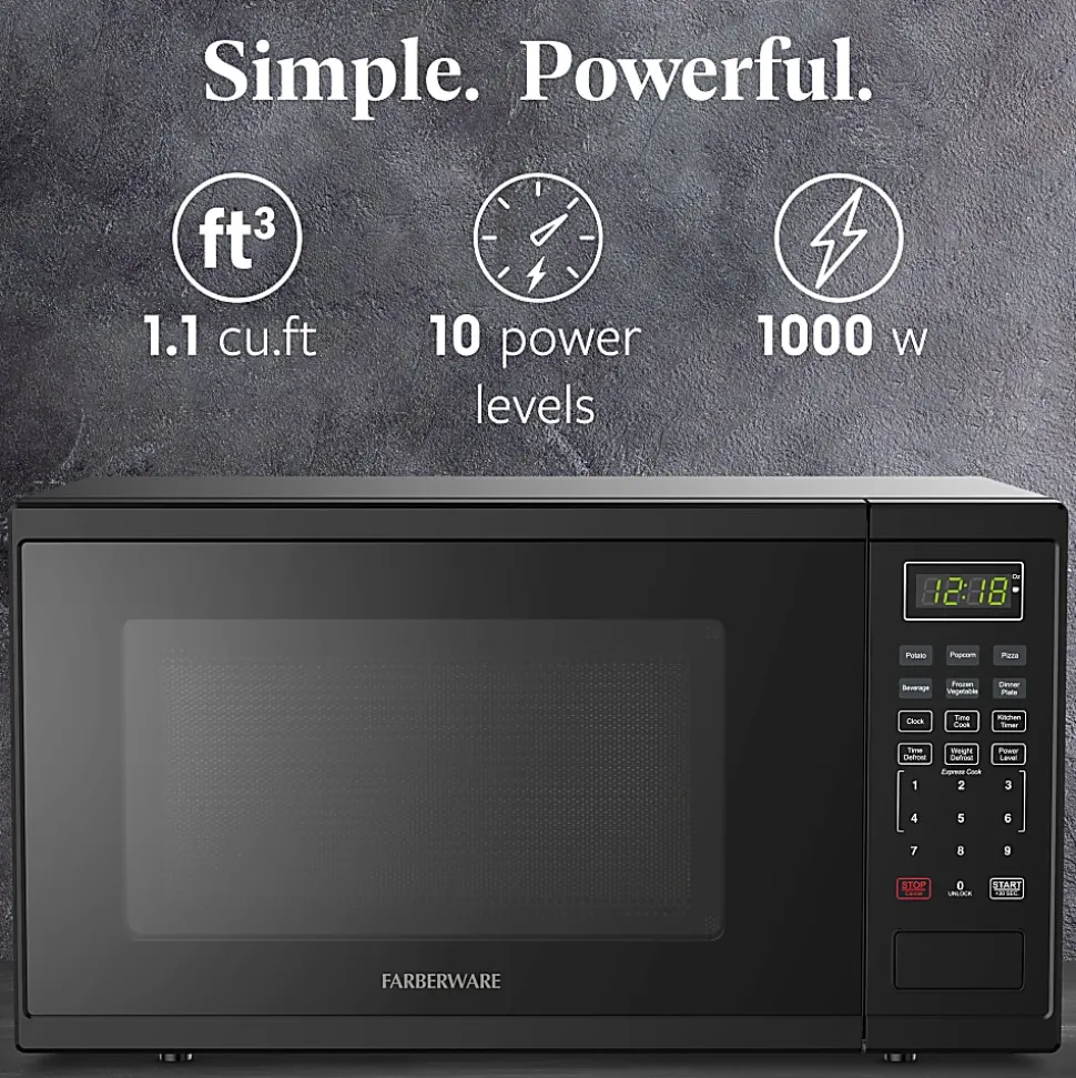 Farberware 1000W Microwave Oven, 1.1 Cu. Ft., Black, Total Qty 1