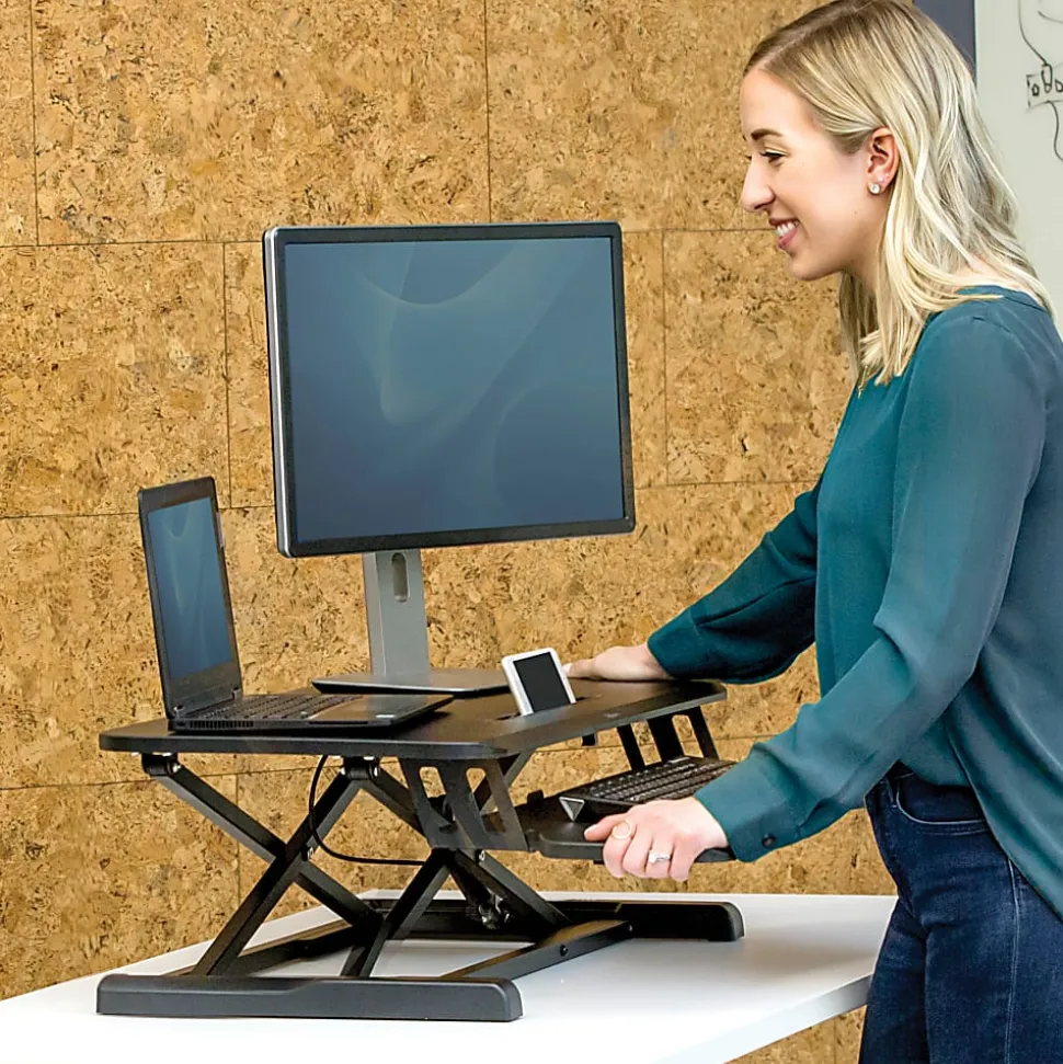 Fellowes® Corsivo Sit-Stand Workstation Desk Riser, 19-1/2"H x 31-1/2"W x 24-1/4"D, Black