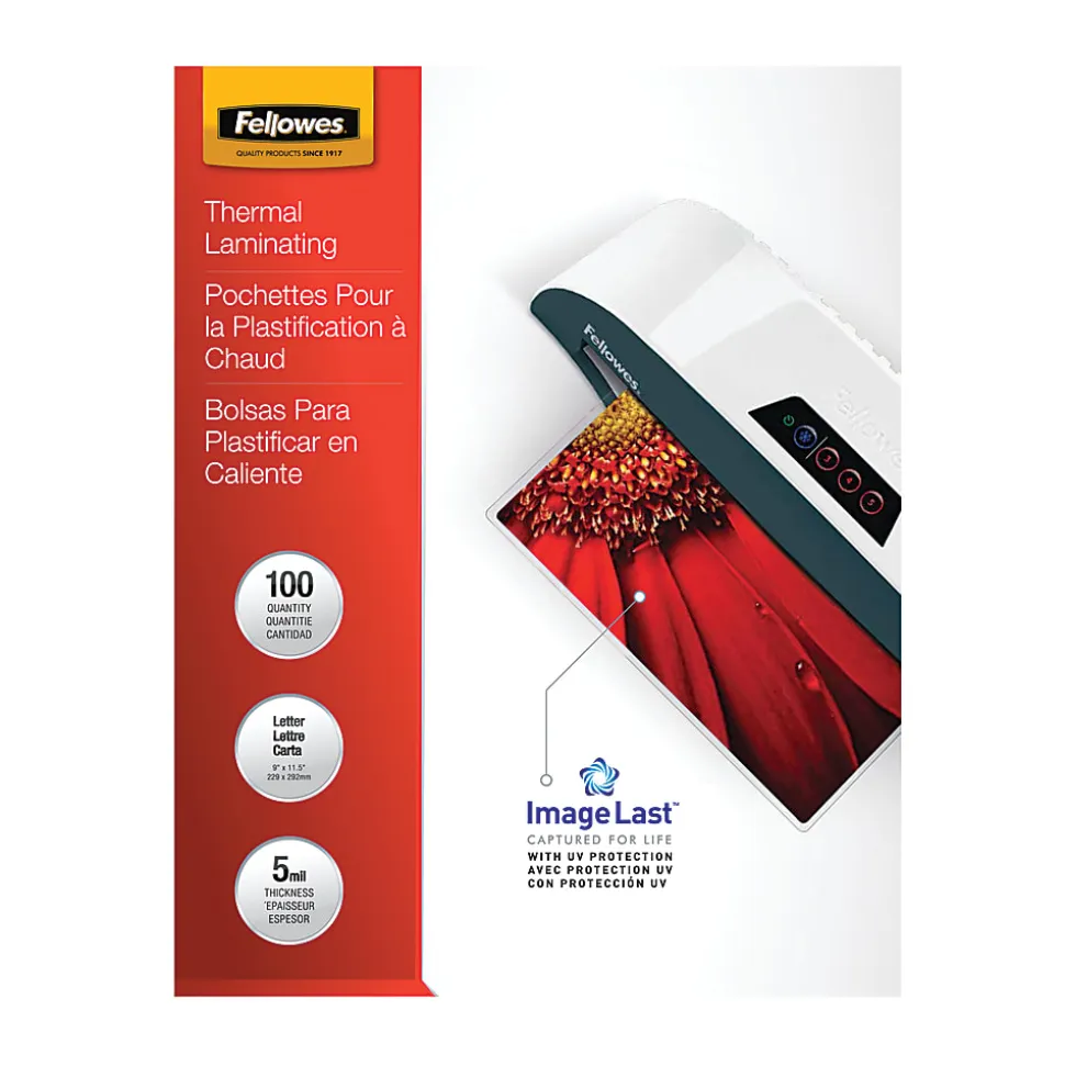 Fellowes® ImageLast Laminating Pouches, UV Protection, 9" x 11 1/2", 5 Mil, Glossy, Pack Of 100