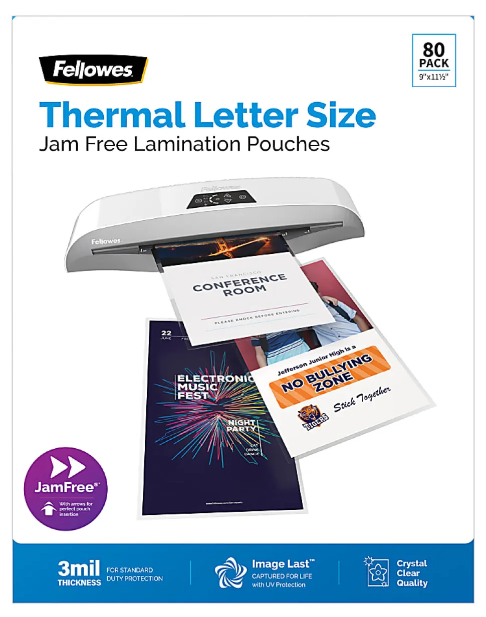 Fellowes® ImageLast Laminating Pouches, 9" x 11-1/2", 3 Mil, Clear, Pack Of 80 Pouches