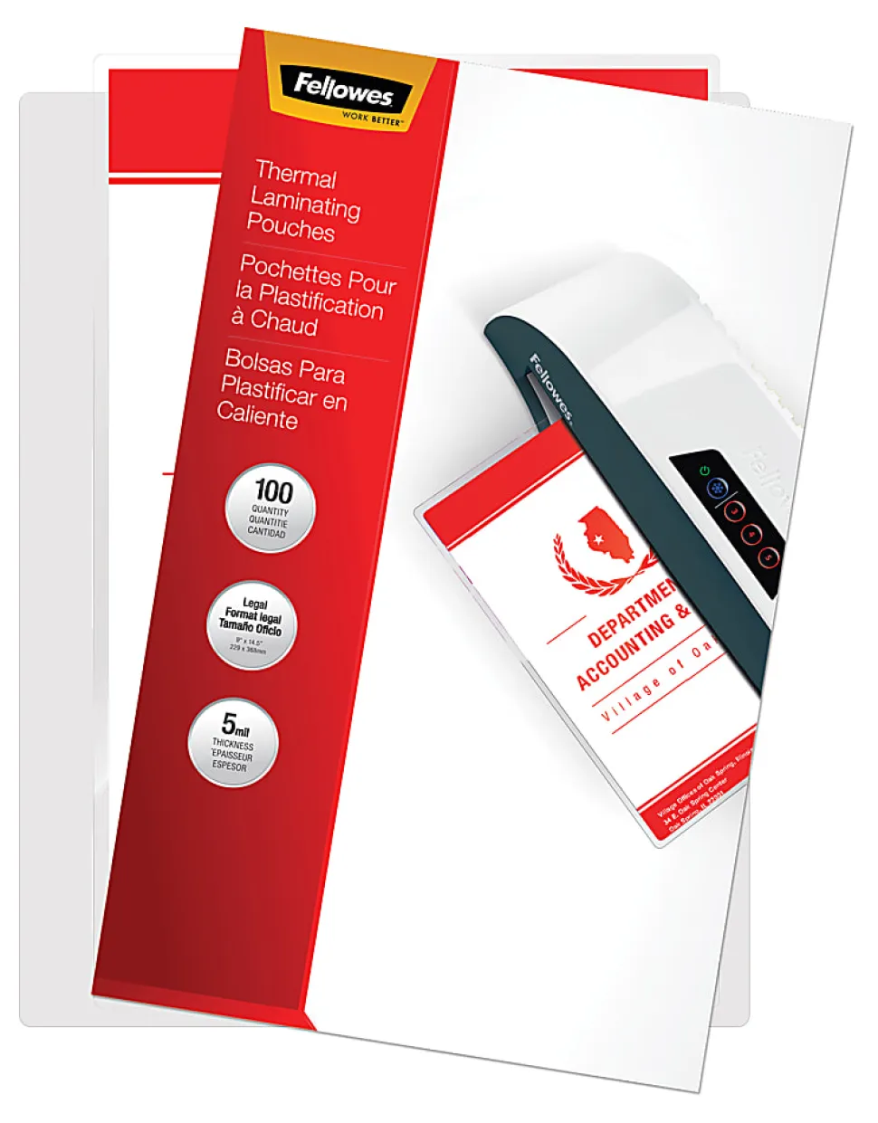 Fellowes® Laminating Pouches, 5 Mil, Legal, 9" x 14-1/2", Pack Of 100 Pouches
