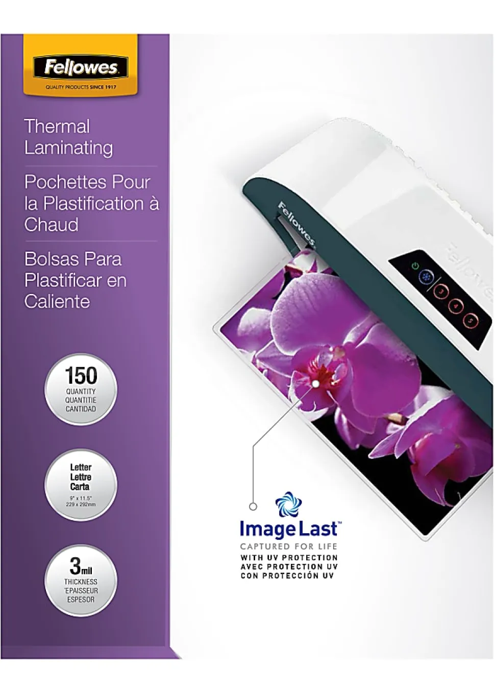 Fellowes Laminating Pouches, Glossy, 8.5" x 11", 3 mil Thick, Clear, Pack Of 150
