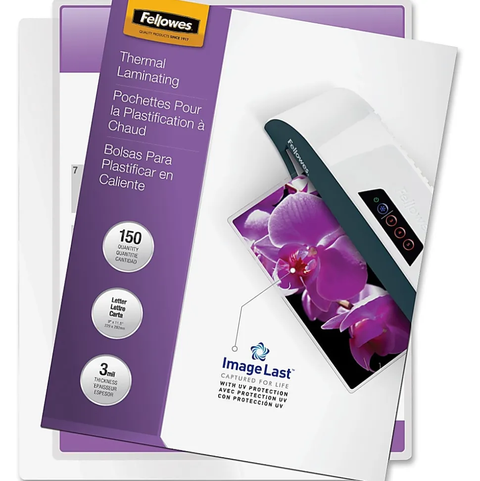 Fellowes Laminating Pouches, Glossy, 8.5" x 11", 3 mil Thick, Clear, Pack Of 150