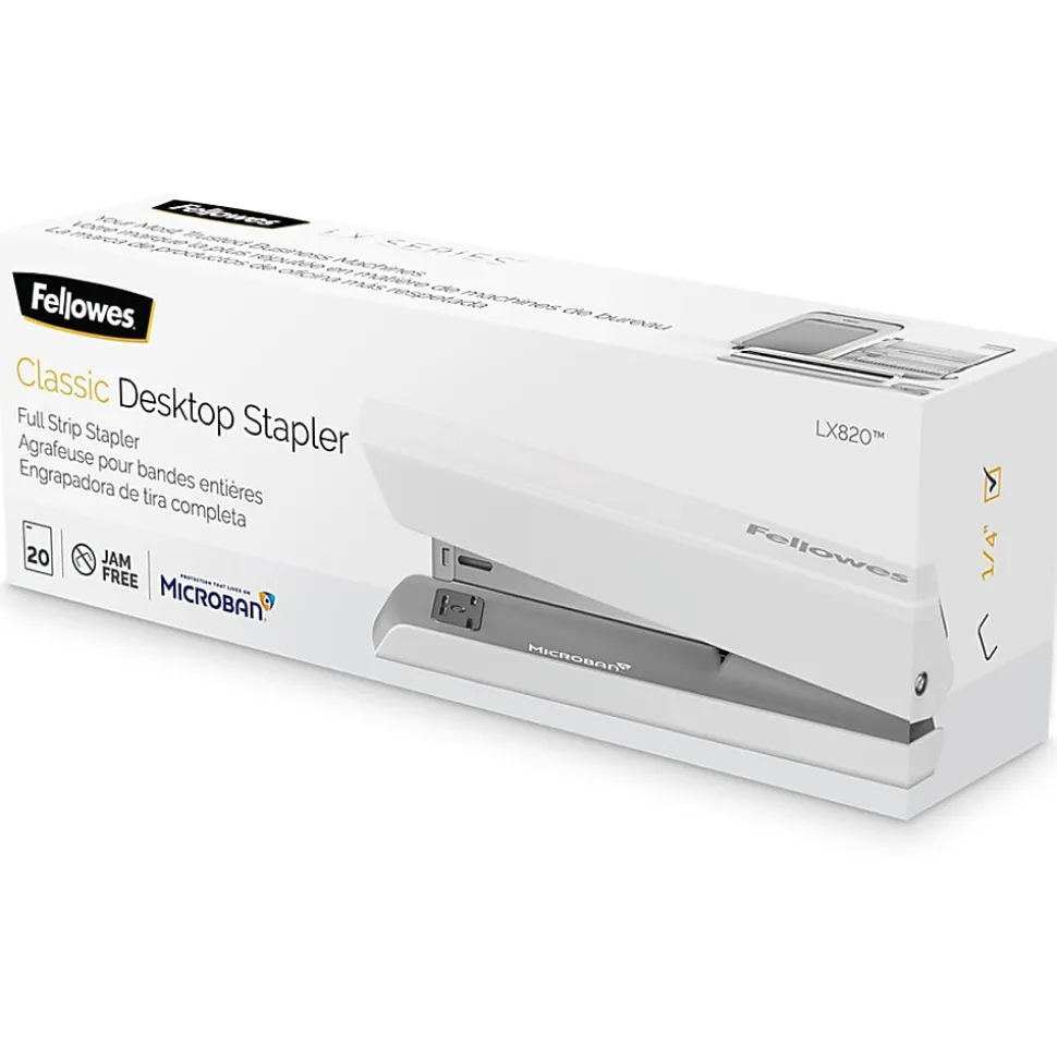 Fellowes® LX820™ Classic Full-Size Desktop Stapler, with Anti-microbial Technology, 20-Sheet Capacity, White