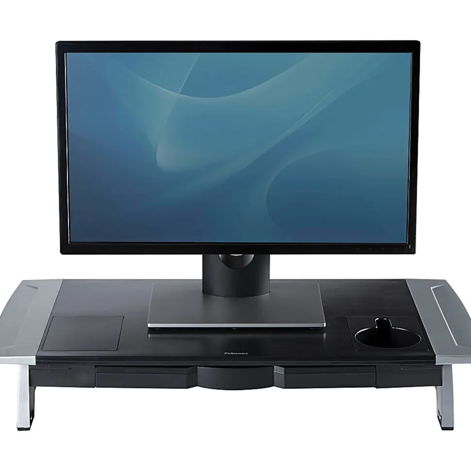 Fellowes® Office Suites Large Monitor Riser, 4.19"H x 27"W x 14.06"D, Black/Silver