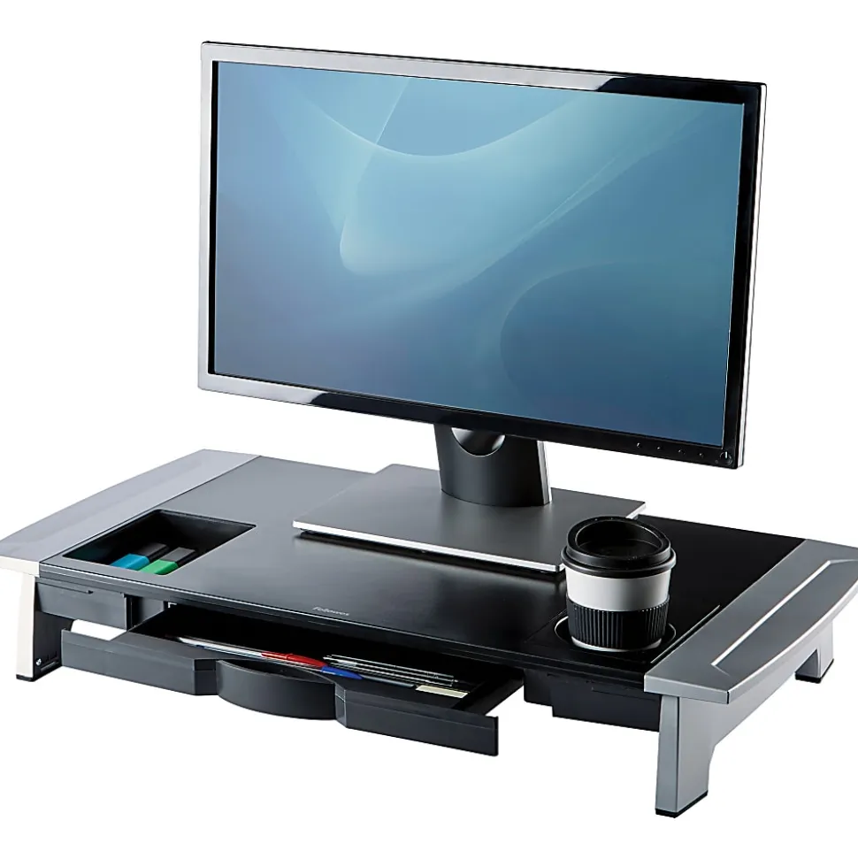 Fellowes® Office Suites Large Monitor Riser, 4.19"H x 27"W x 14.06"D, Black/Silver