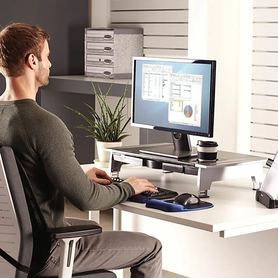 Fellowes® Office Suites Large Monitor Riser, 4.19"H x 27"W x 14.06"D, Black/Silver