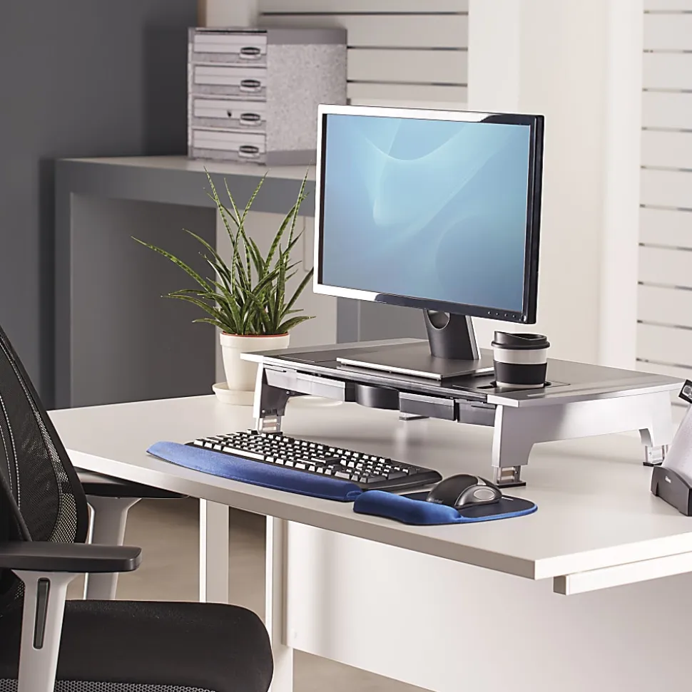 Fellowes® Office Suites Large Monitor Riser, 4.19"H x 27"W x 14.06"D, Black/Silver