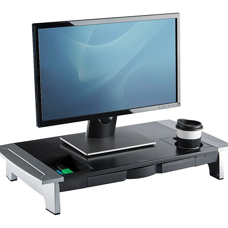 Fellowes® Office Suites Large Monitor Riser, 4.19"H x 27"W x 14.06"D, Black/Silver