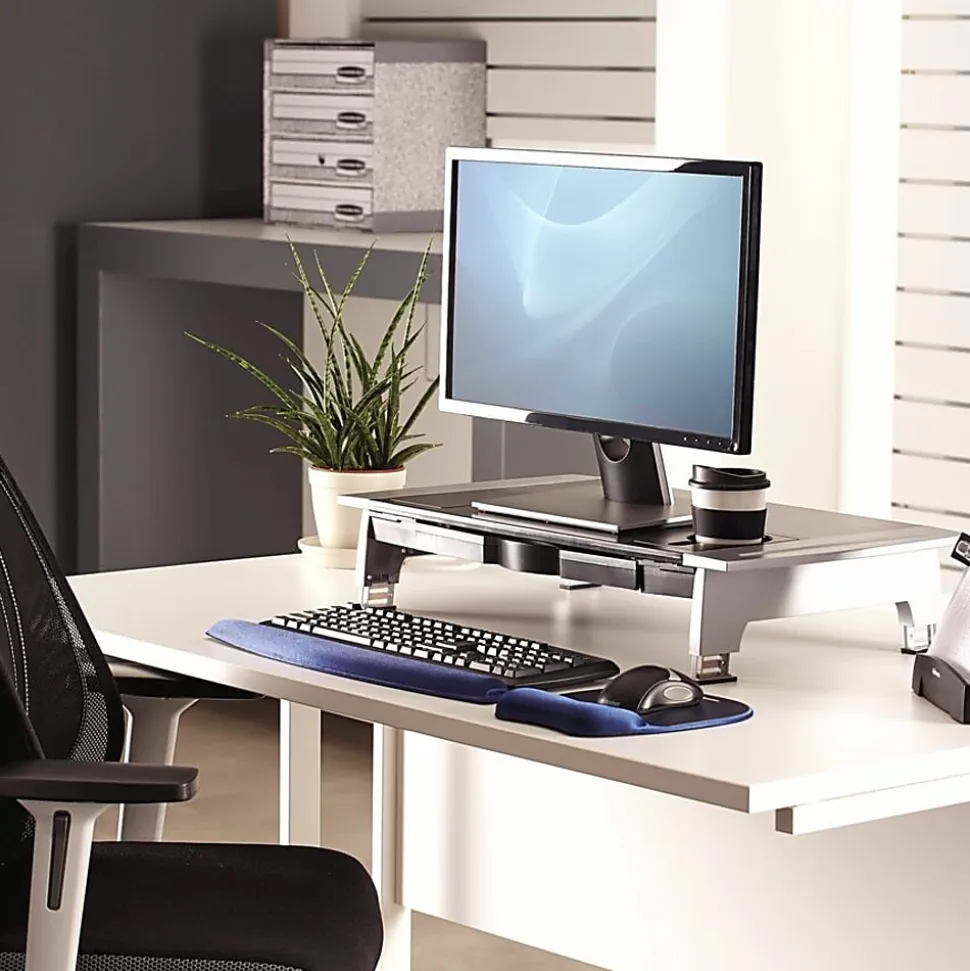 Fellowes® Office Suites Large Monitor Riser, 4.19"H x 27"W x 14.06"D, Black/Silver