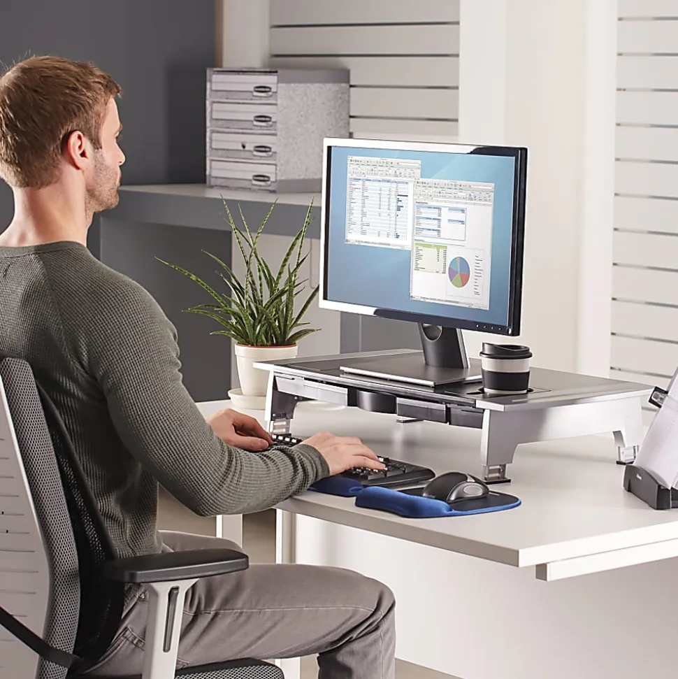 Fellowes® Office Suites Large Monitor Riser, 4.19"H x 27"W x 14.06"D, Black/Silver