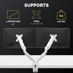 Fellowes® Platinum Series Dual Monitor Arms, Fully Adjustable, Each Arm Holds up to 40" monitor, White