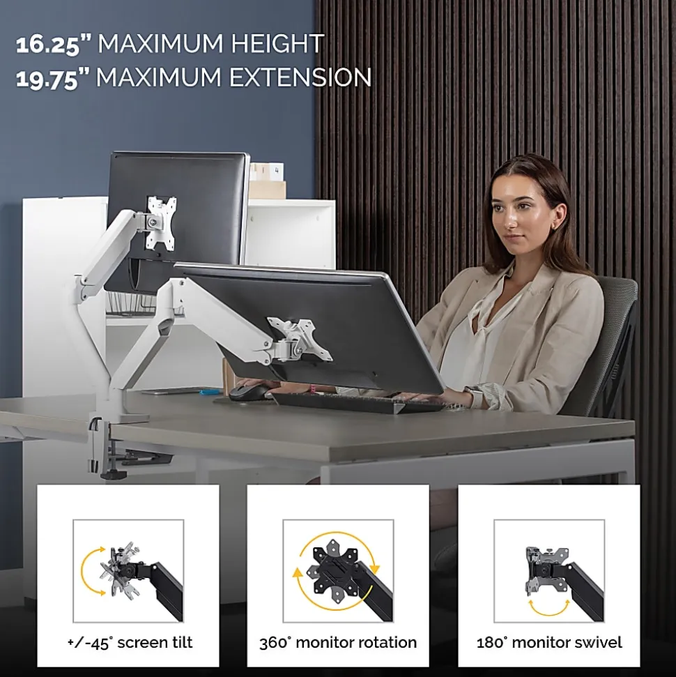 Fellowes® Platinum Series Dual Monitor Arms, Fully Adjustable, Each Arm Holds up to 40" monitor, White