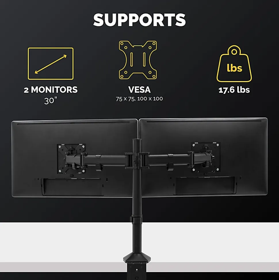 Fellowes® Reflex Dual Monitor Arms, 21-3/4"H x 4-1/2"W x 28-5/8"D, Black