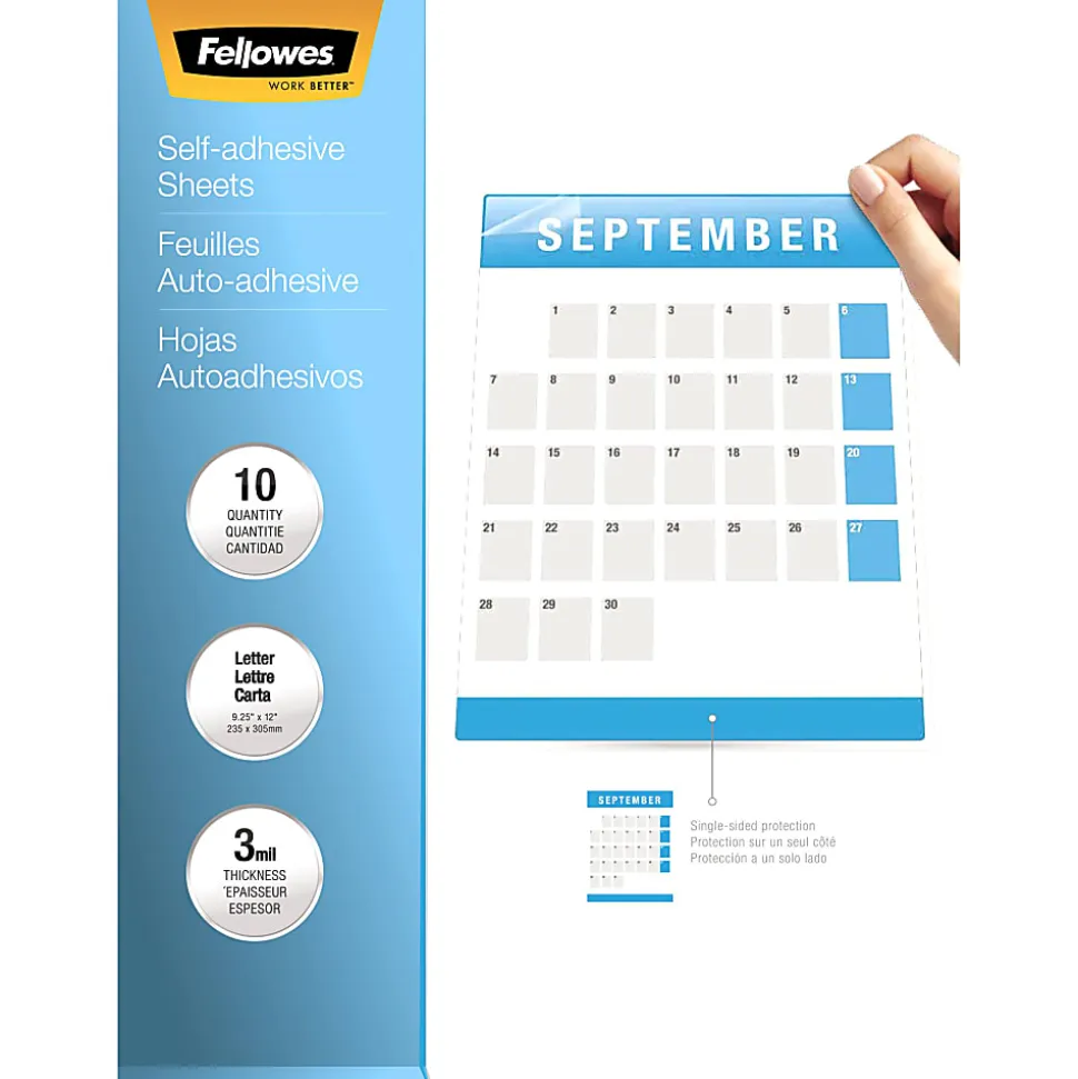 Fellowes Self-Adhesive Laminating Sheets, 9.25" x 12", 3 mil, Clear, Pack Of 50