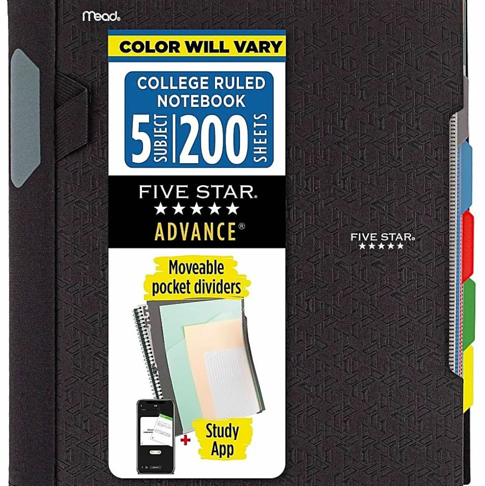 Five Star® Advance Wirebound Notebook, 8-1/2" x 11-3/4", 5 Subject, College Ruled, 200 Pages (100 Sheets), Assorted Colors