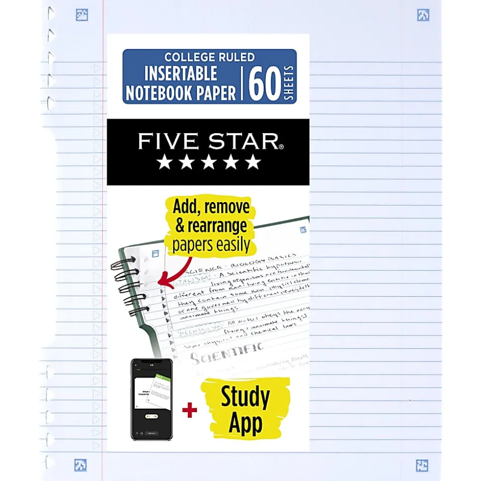 Five Star® Insertable Notebook Paper Plus Study App, College Ruled, 9" x 11", 60 Sheets/Pack