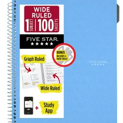 Five Star® Math Notebook with Tools Plus Study App, 1 Subject, Wide Ruled, 8