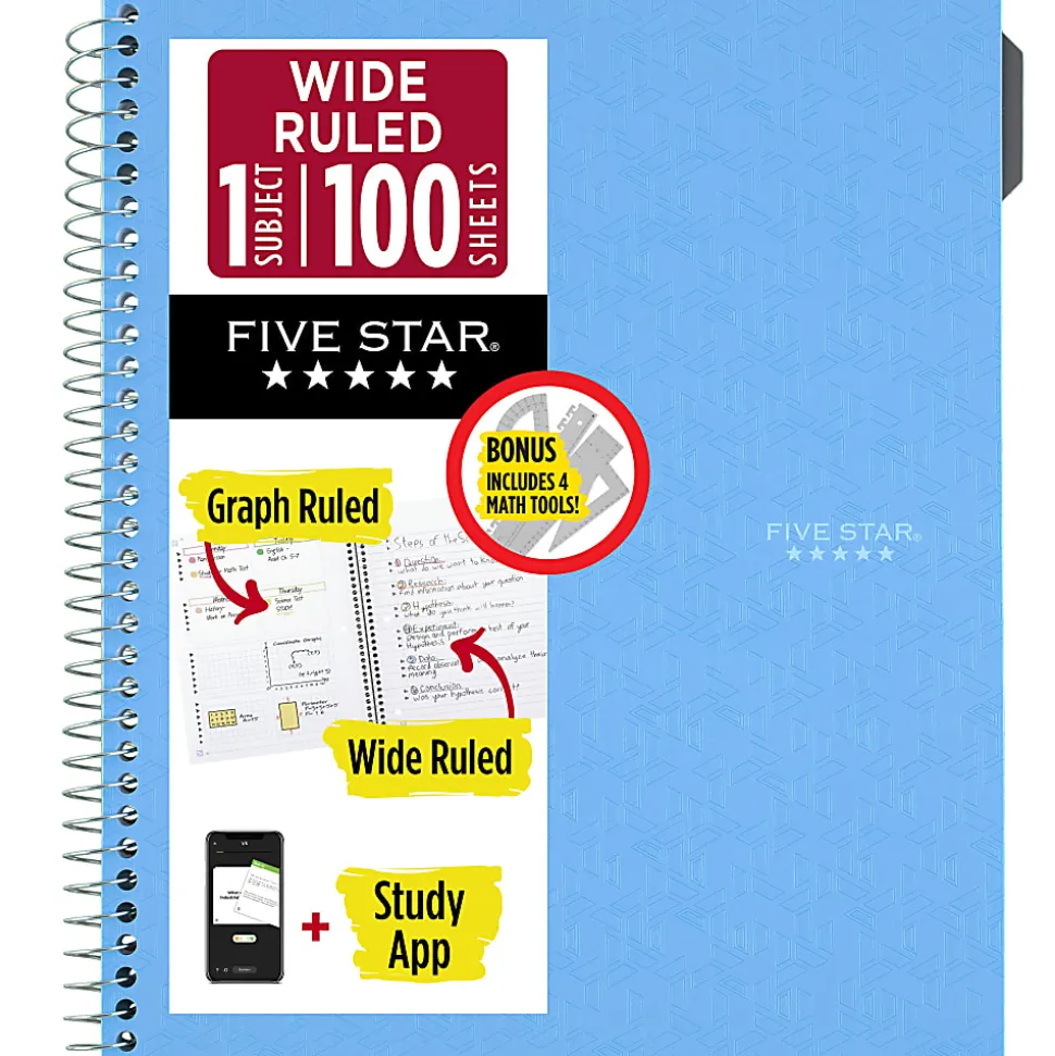 Five Star® Math Notebook with Tools Plus Study App, 1 Subject, Wide Ruled, 8" x 10 1/2", Sky Blue